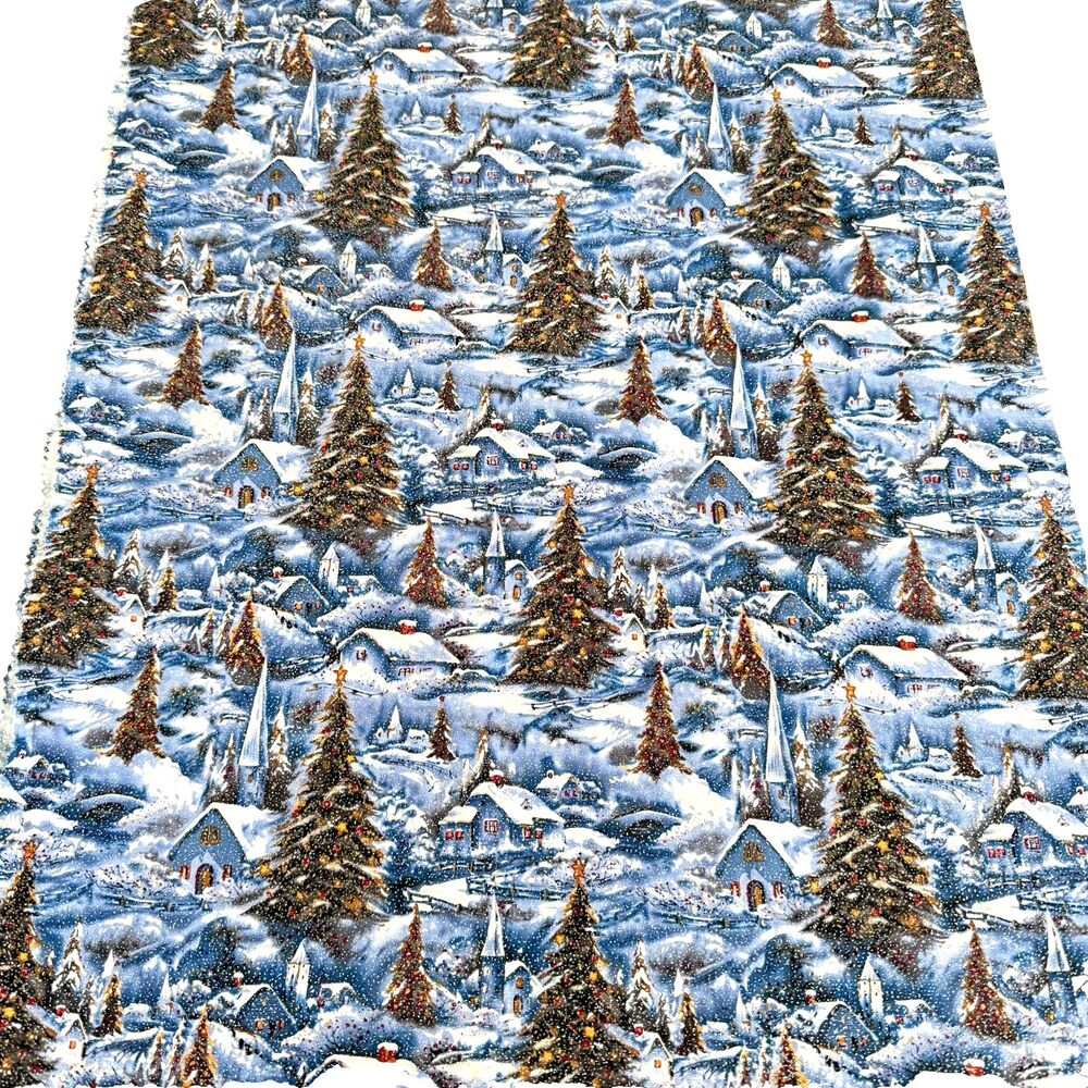 Christmas Winter Quilt Fabric Village Church Snow Trees Silver Glitter Cotton